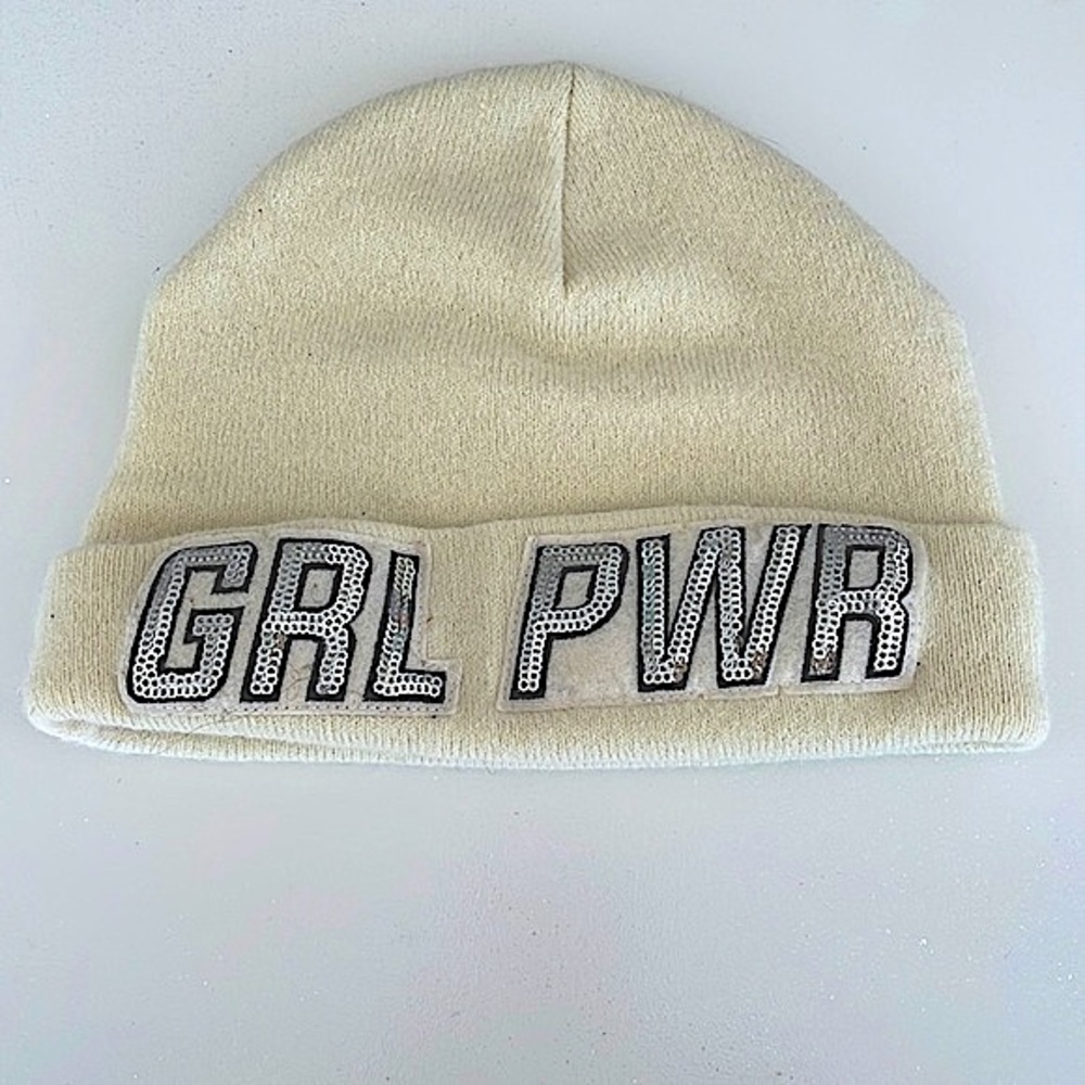 American Eagle GRL PWR girl power beanie hat white sequins